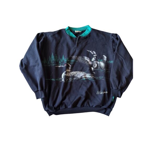 VTG Art Unlimited Sportswear USA Made Loon Black Pocketed 1/4 Button XL Crewneck - Picture 1 of 8